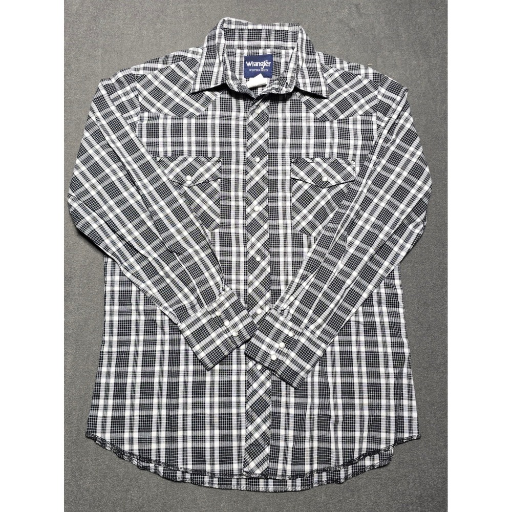 Wrangler‎ Western Shirt Mens Medium Plaid Pearl Snap Long Sleeve Cowboy Black
